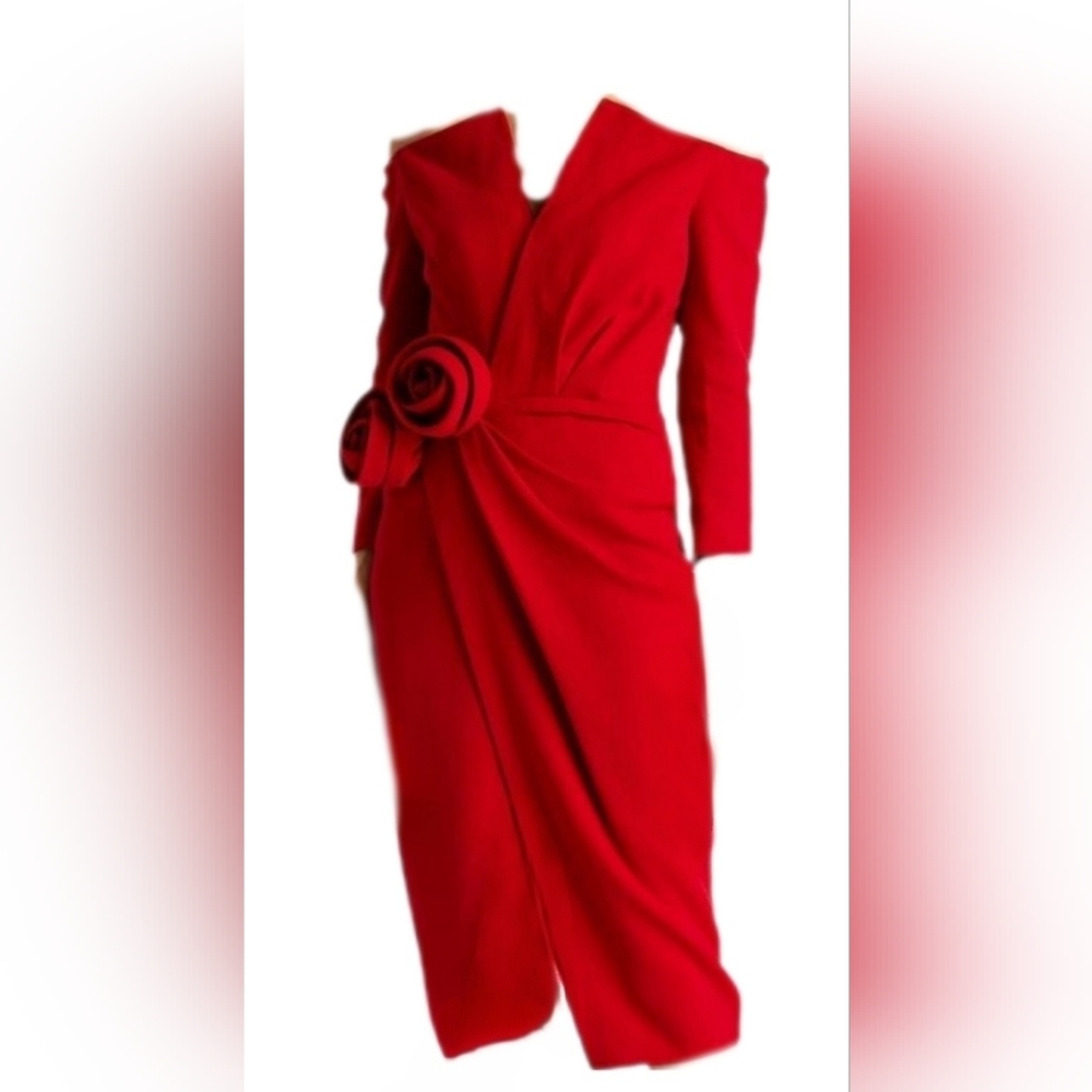 ^$3,490 OSCAR DE LA RENTA RED WOOL ROSETTE ELEGANT DRESS US 0 - Picture 2 of 10